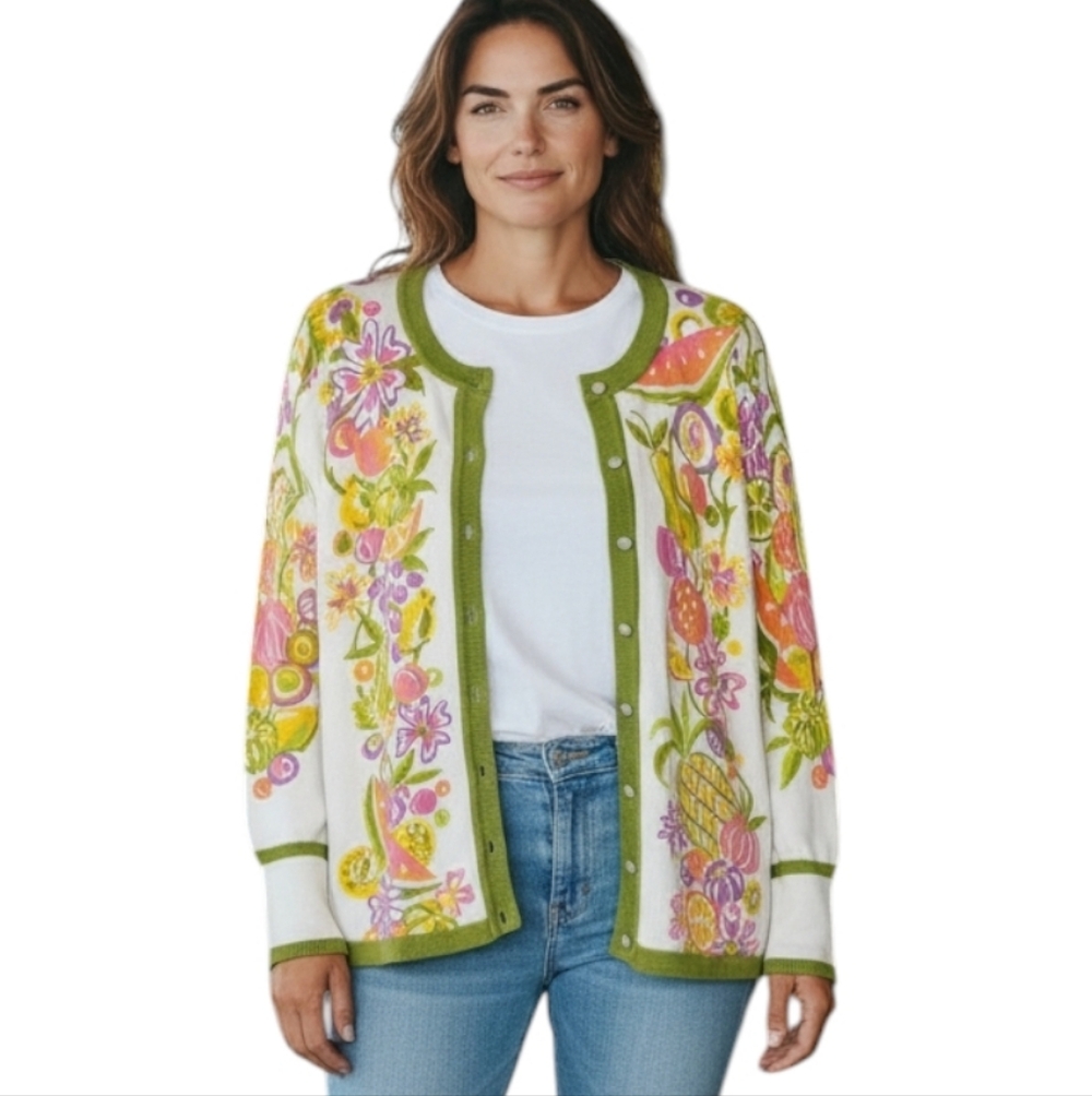 Bob Mackie Colorful Fruit Graphic Knit Button Sweater Cardigan Womens Size Large